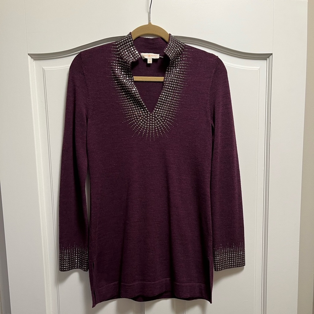 Tory Burch merino wool tunic with crystal trim size xs